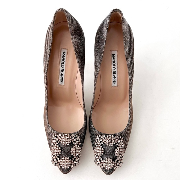MANOLO BLAHNIK | Hangisi Dark Gold Glitter Fabric Jewel Buckle Pumps EU 37 US 7 - Picture 4 of 14